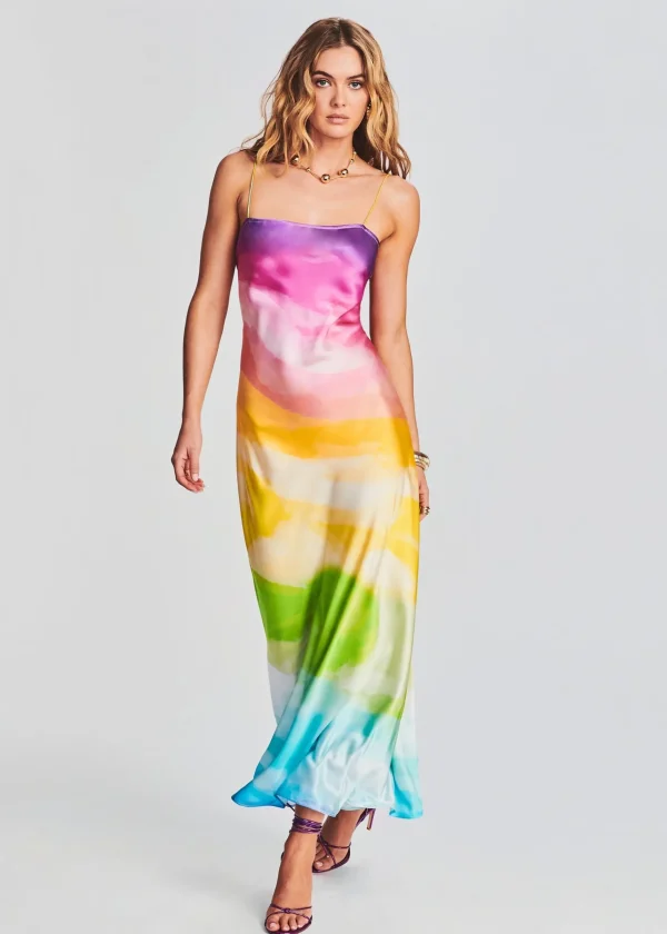 Guest Of*Retrofete Aimee Silk Long Dress Watercolor Rainbow