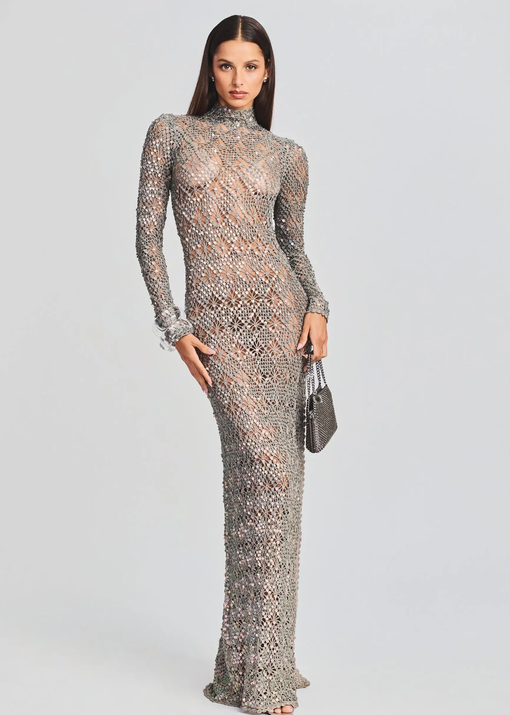 alexa_sequin_open_crochet_0.webp Subtle Shimmer*Retrofete Alexa Sequin Open Crochet Dress Metallic Mink Grey