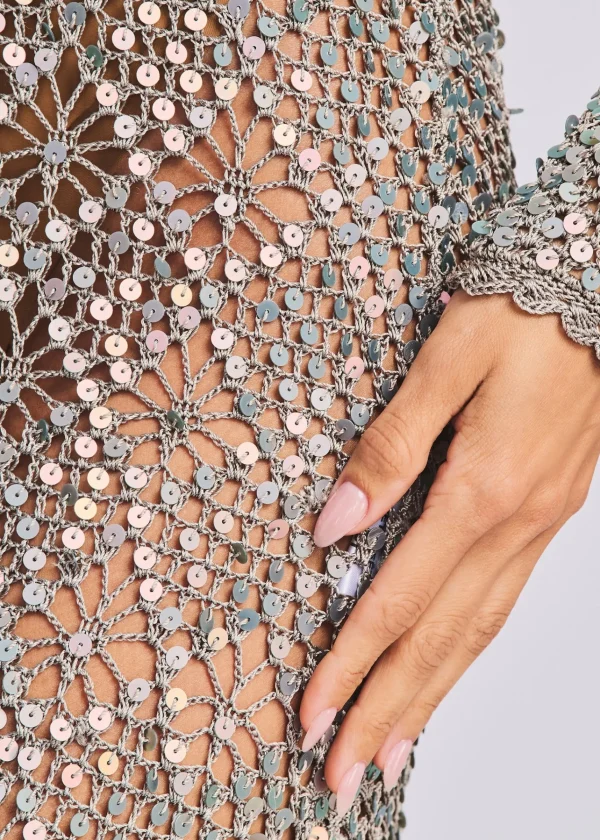 RETROFÊTE*Retrofete Alexa Sequin Open Crochet Dress Metallic Mink Grey
