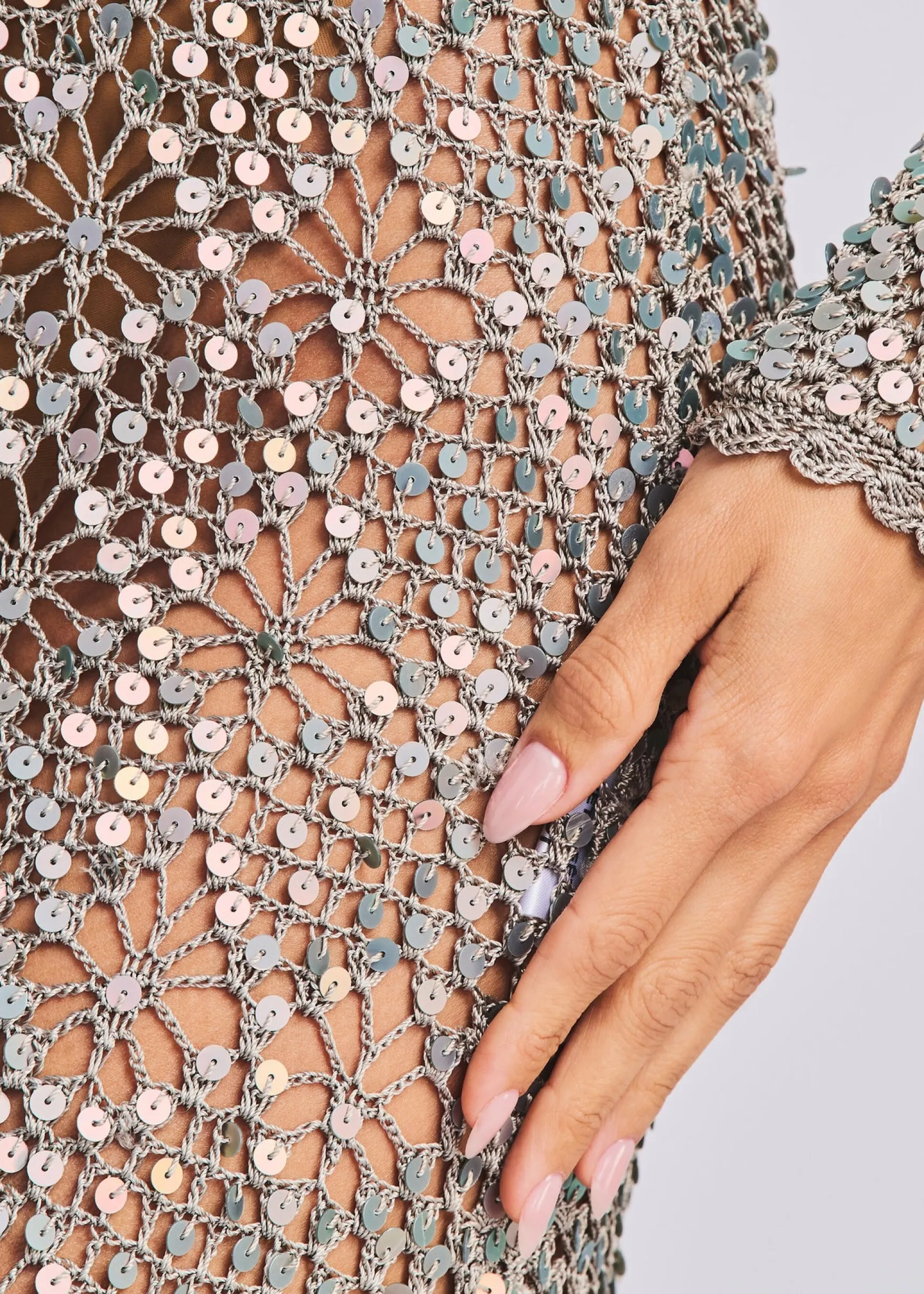 alexa_sequin_open_crochet_1.webp Subtle Shimmer*Retrofete Alexa Sequin Open Crochet Dress Metallic Mink Grey