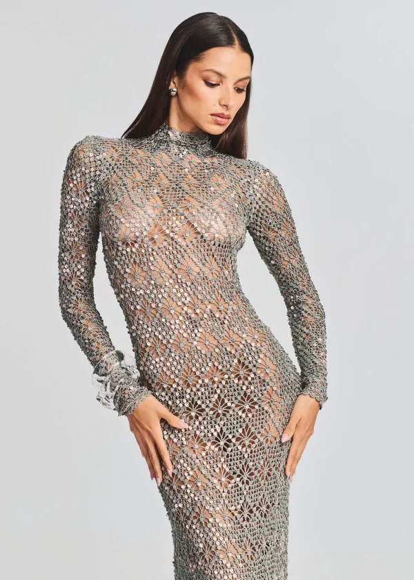 Subtle Shimmer*Retrofete Alexa Sequin Open Crochet Dress Metallic Mink Grey