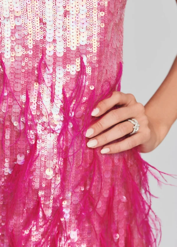 RETROFÊTE*Retrofete Anastasia Sequin Feather Dress Fuchsia
