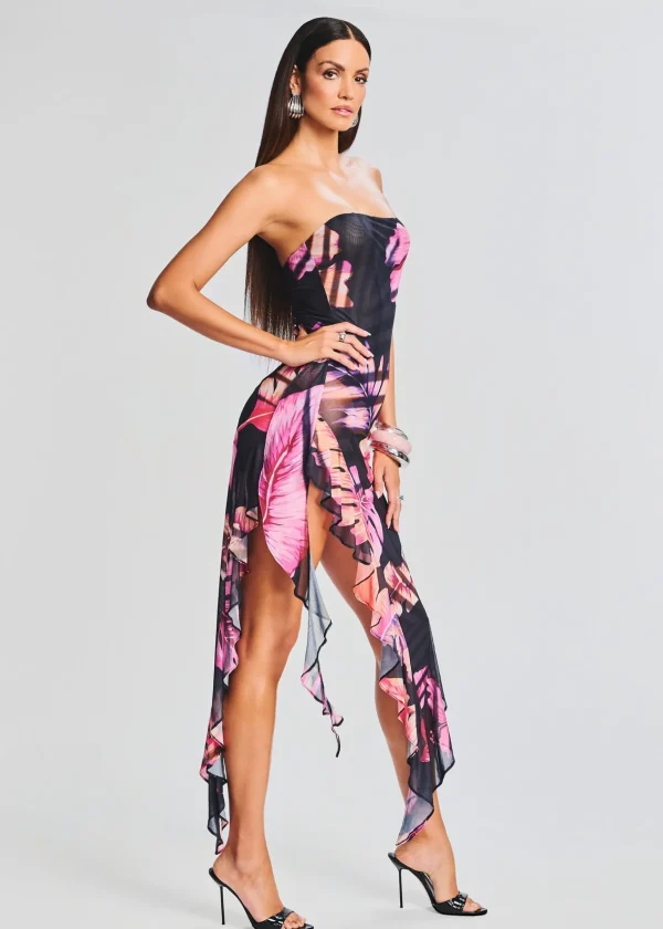 Guest Of*Retrofete Atlas Dress Tropical Leaf