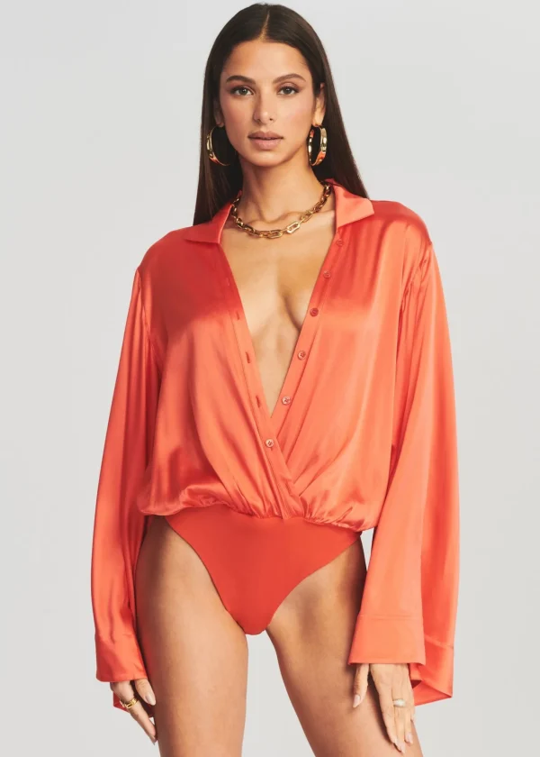 Final Sale*Retrofete Avalon Silk Bodysuit Hot Coral