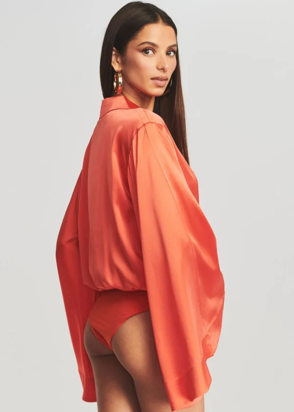Final Sale*Retrofete Avalon Silk Bodysuit Hot Coral