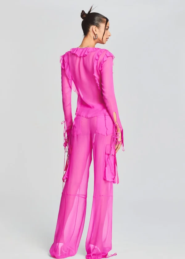 Sheer Bliss*Retrofete Aviva Silk Chiffon Blouse Neon Pink