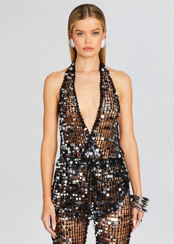 Subtle Shimmer*Retrofete Cali Sequin Crochet Jumpsuit Black