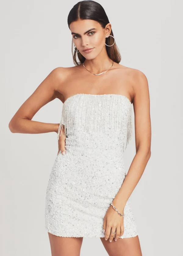 Honeymoon Looks*Retrofete Cassandra Sequin Fringe Dress Silver/White