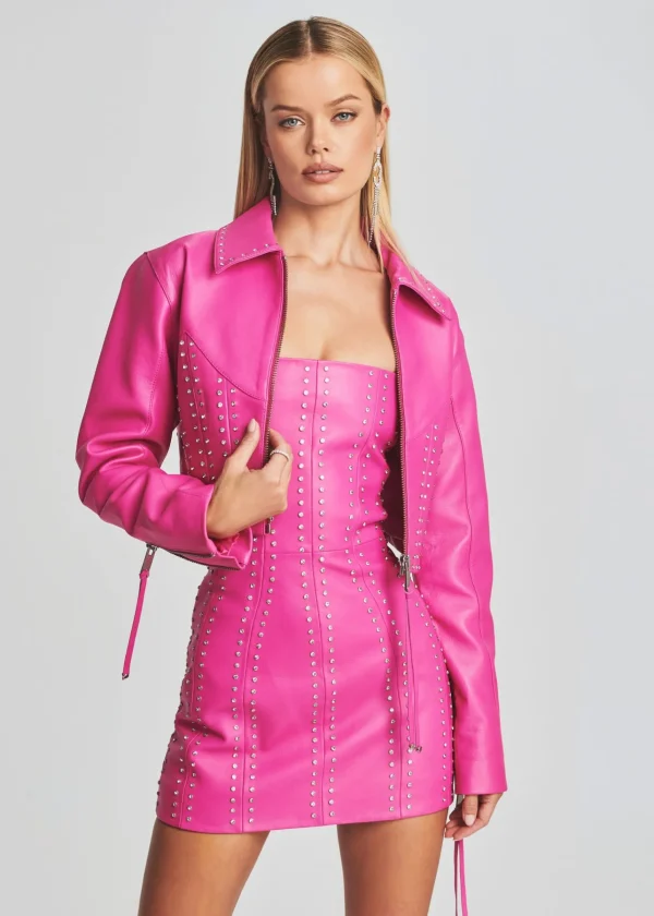 Jackets*Retrofete Castor Embellished Leather Jacket Neon Pink/Crystal