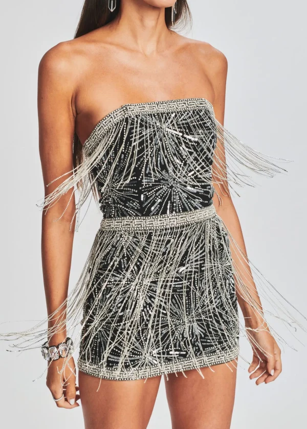 RETROFÊTE*Retrofete Dixie Sequin Fringe Dress Silver/Black