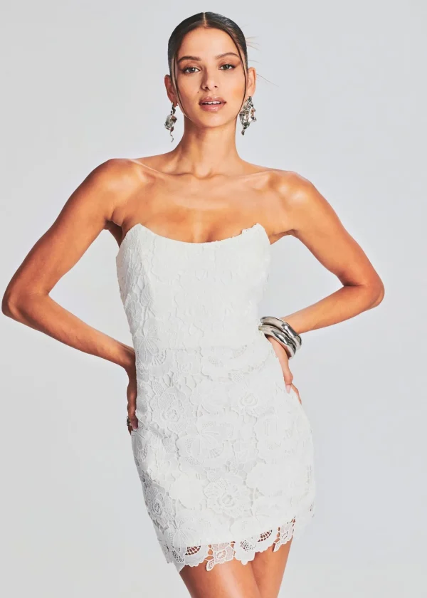 Honeymoon Looks*Retrofete Eliza Lace Strapless Mini Dress White