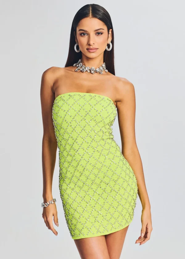 RETROFÊTE*Retrofete Felicity Embellished Chiffon Dress Neon Yellow Grid