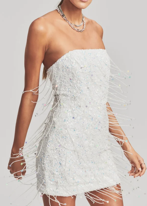 Bachelorette Party*Retrofete Heather Sequin Star Fringe Dress White w/ Stars