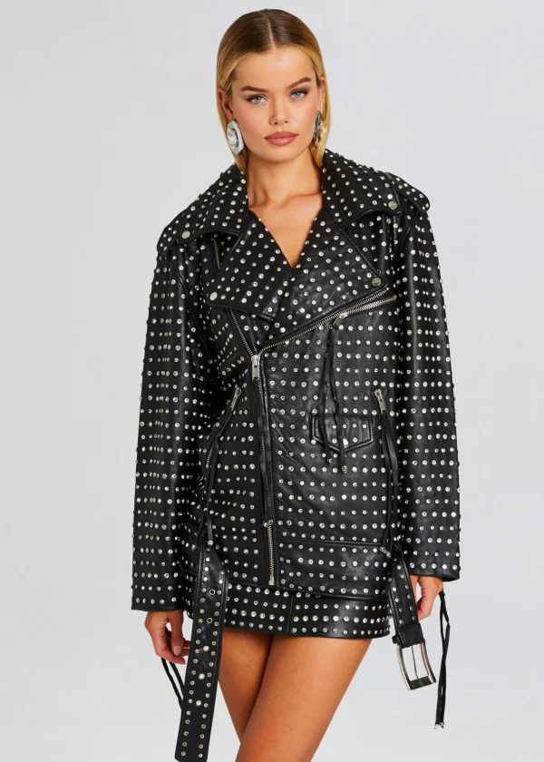 RETROFÊTE*Retrofete Icon Embellished Leather Jacket Black/Crystal
