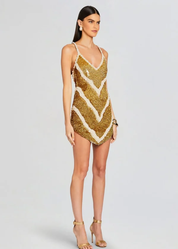 Sequin Styles*Retrofete Inessa Feather Sequin Dress Gold/White