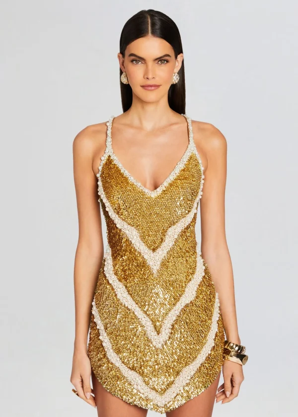 Exclusively Ours*Retrofete Inessa Feather Sequin Dress Gold/White