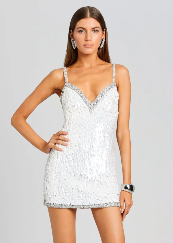 Best Sellers*Retrofete Ivanna Feather Sequin Dress White/Silver