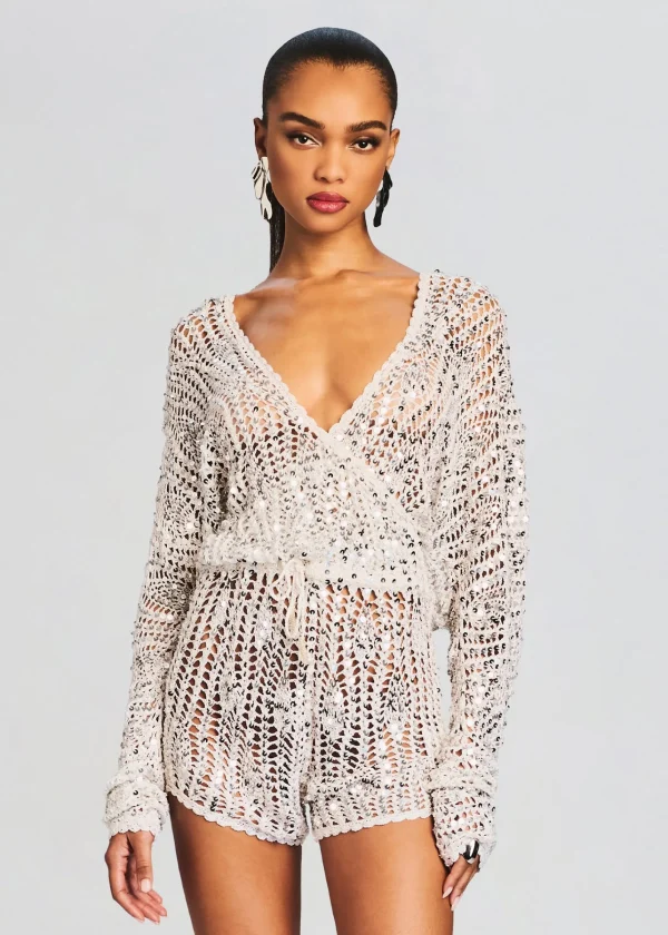 Resort '24*Retrofete Meadow Sequin Crochet Romper White/Silver