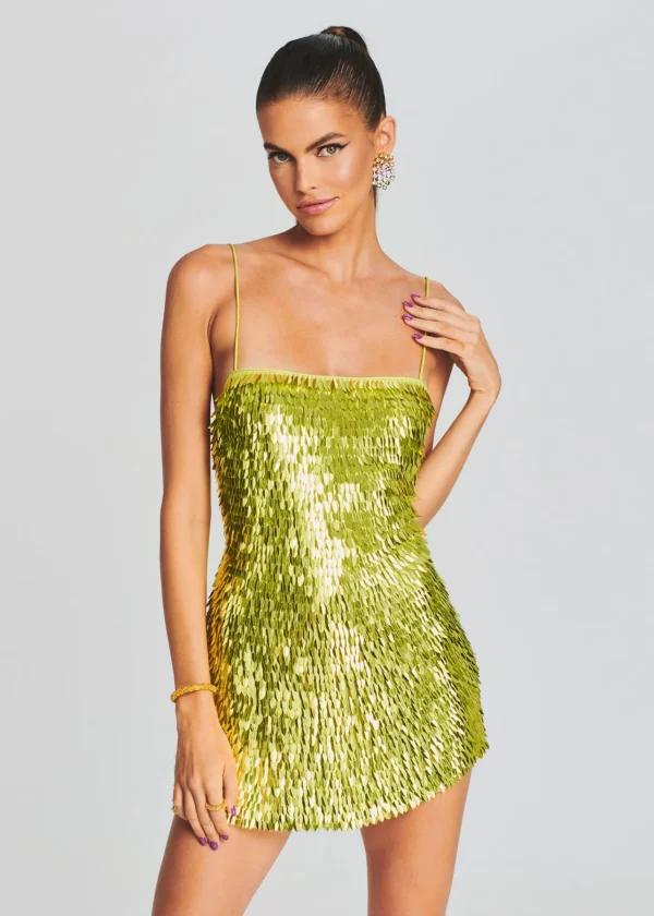 RETROFÊTE*Retrofete Nara Feather Sequin Dress Lime Punch