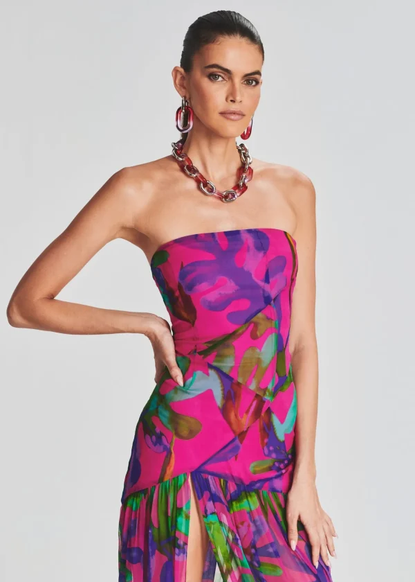 Tropical Hues*Retrofete Nicole Silk Chiffon Dress Tropical Leaf