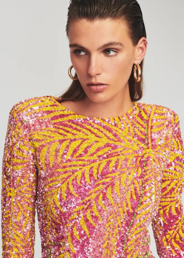 Guest Of*Retrofete Nikki Sequin Palm Dress Tropical Palm