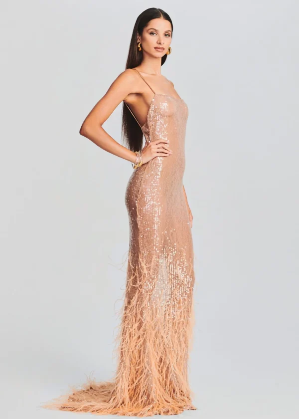 RETROFÊTE*Retrofete Odessa Sequin Feather Dress Tannin