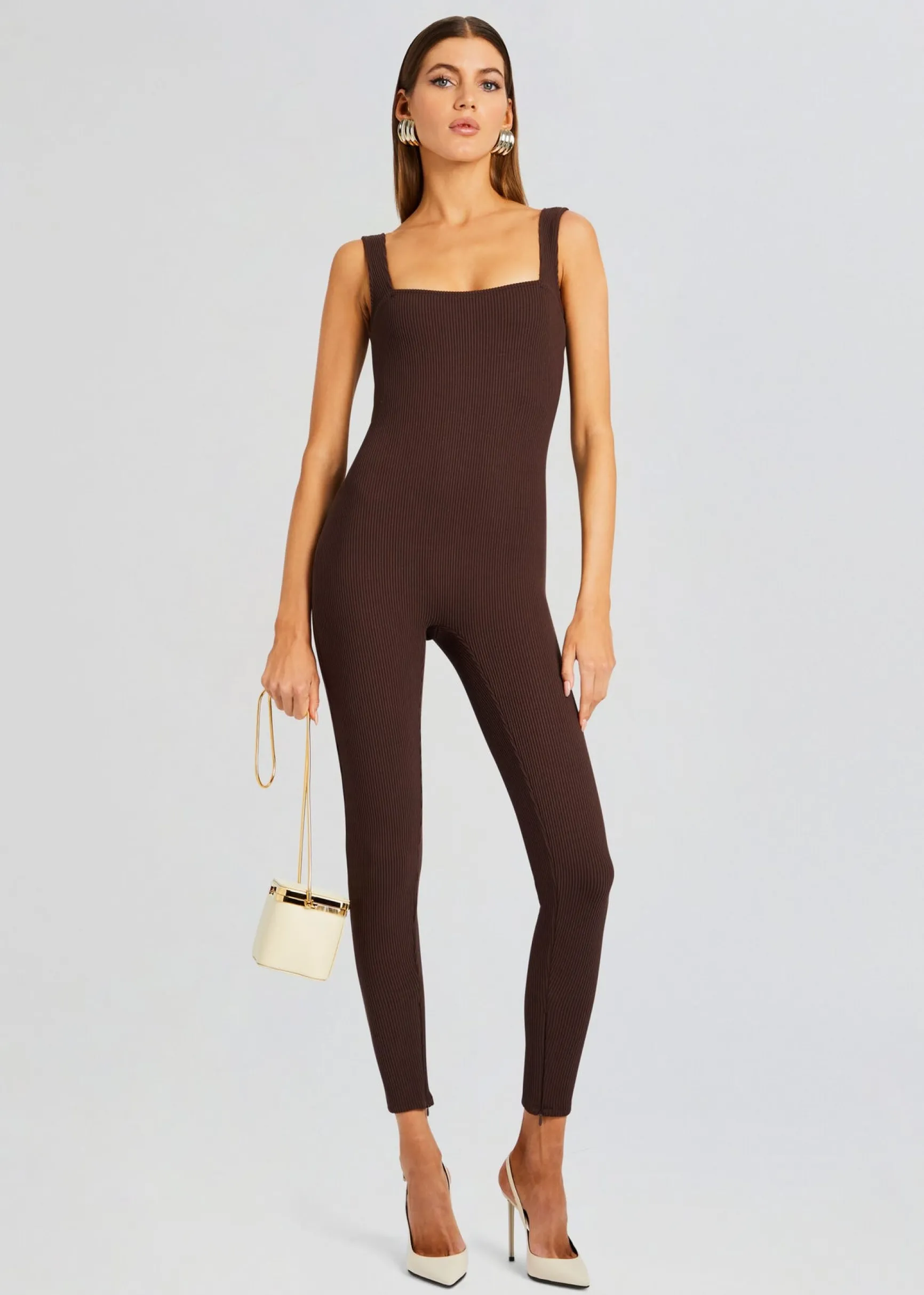 sabrina_sleeveless_enviro_0-3.webp Jumpsuits*Retrofete Sabrina Sleeveless Enviro Rib Catsuit Brown