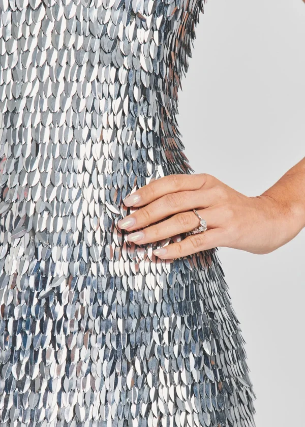 RETROFÊTE*Retrofete Sirena Feather Sequin Dress Silver Feather Sequin