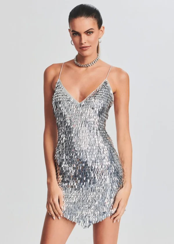 Guest Of*Retrofete Sirena Feather Sequin Dress Silver Feather Sequin