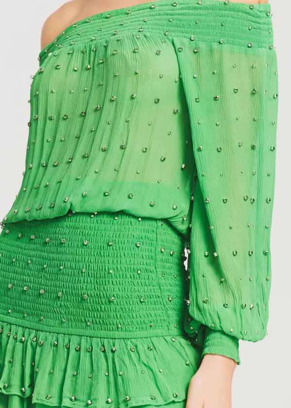 Honeymoon Looks*Retrofete Taisha Embellished Silk Chiffon Dress Kelly Green
