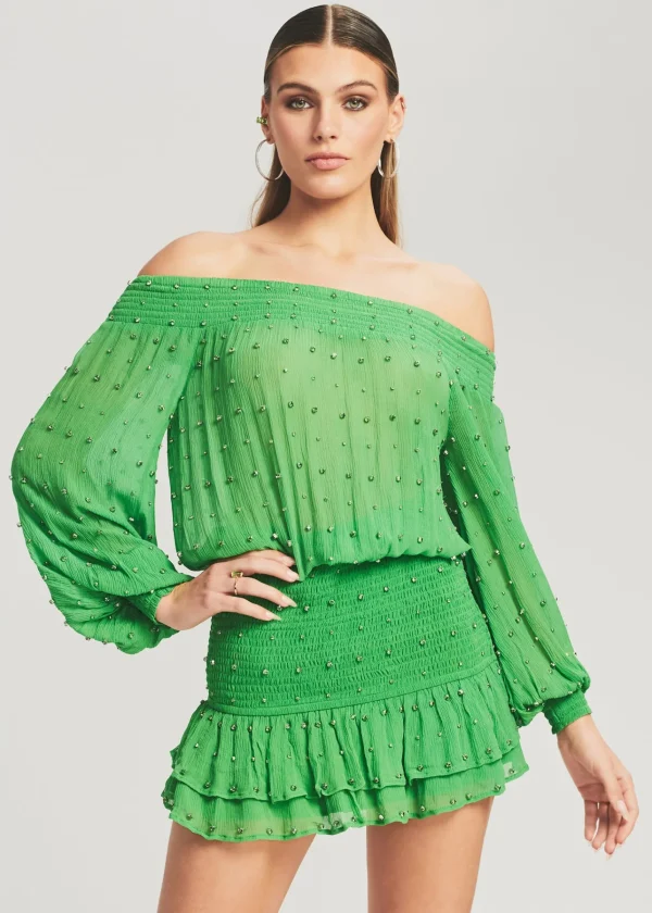 Honeymoon Looks*Retrofete Taisha Embellished Silk Chiffon Dress Kelly Green