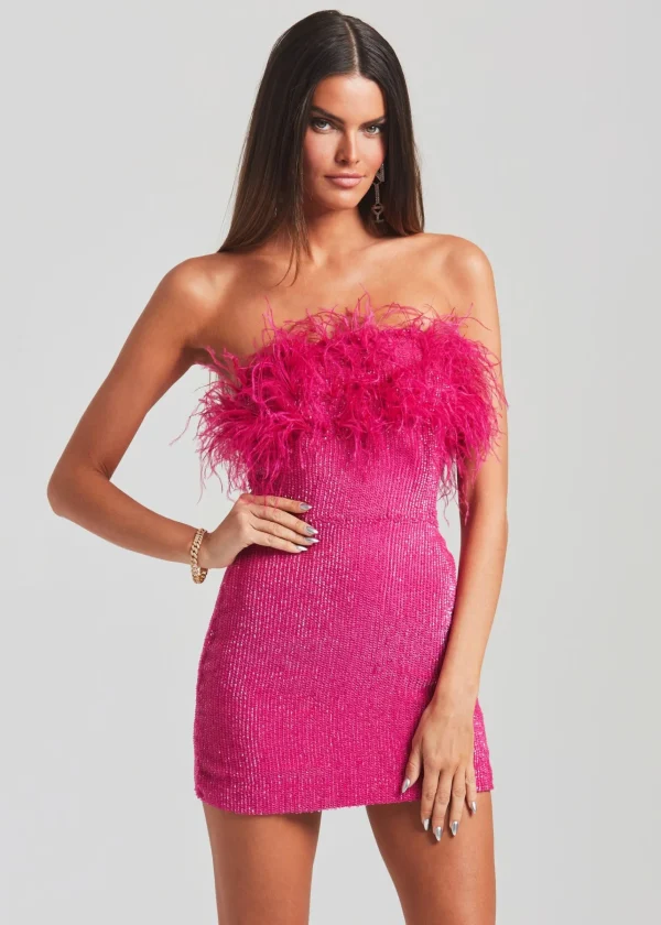 RETROFÊTE*Retrofete Torin Sequin Feather Dress Hot Pink