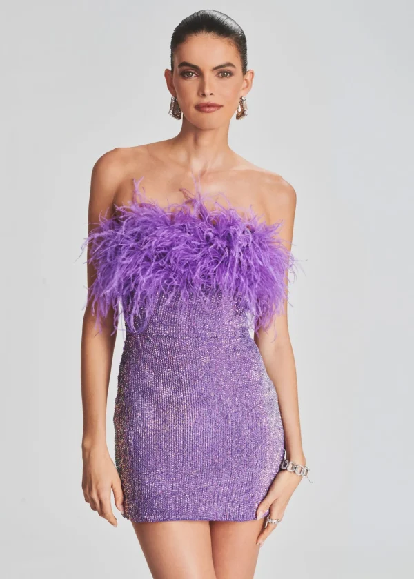 RETROFÊTE*Retrofete Torin Sequin Feather Dress Metallic Lavender