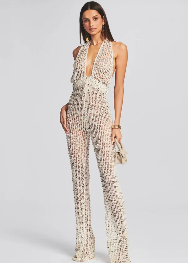 Bachelorette Party*Retrofete Tosca Sequin Crochet Jumpsuit Ivory Gold