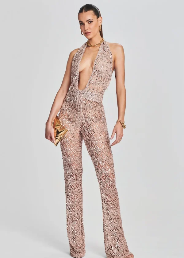 Honeymoon Looks*Retrofete Tosca Sequin Crochet Jumpsuit Rose Gold