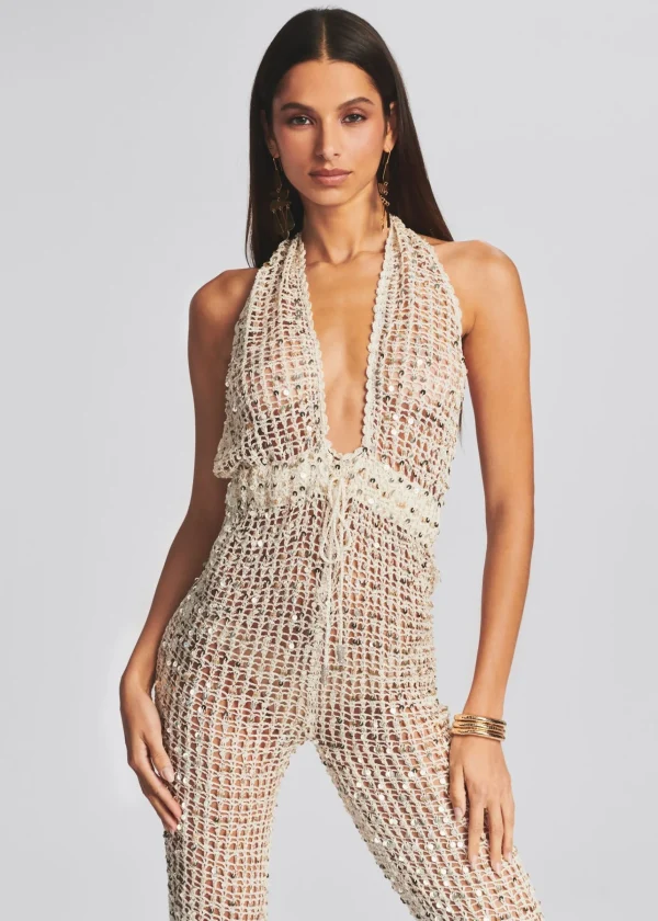 Bachelorette Party*Retrofete Tosca Sequin Crochet Jumpsuit Ivory Gold