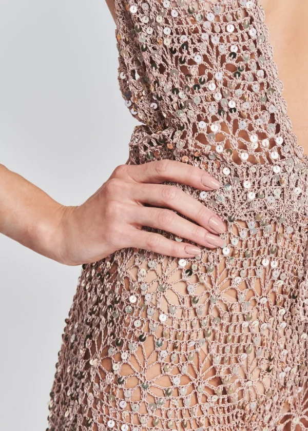 Honeymoon Looks*Retrofete Tosca Sequin Crochet Jumpsuit Rose Gold