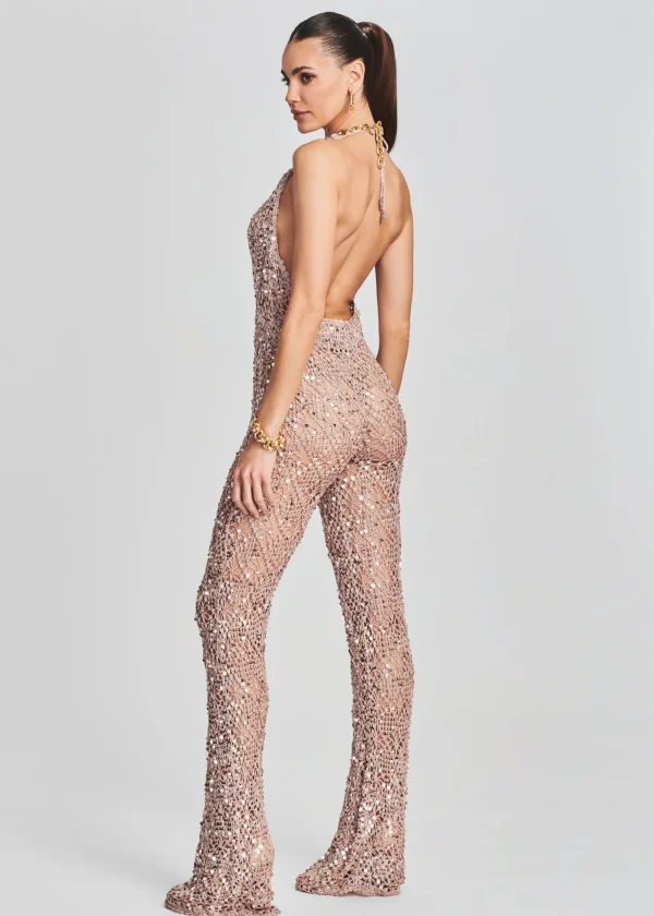 Sheer Bliss*Retrofete Tosca Sequin Crochet Jumpsuit Rose Gold