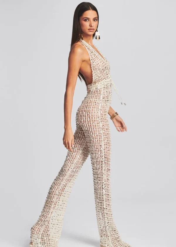 Sheer Bliss*Retrofete Tosca Sequin Crochet Jumpsuit Ivory Gold
