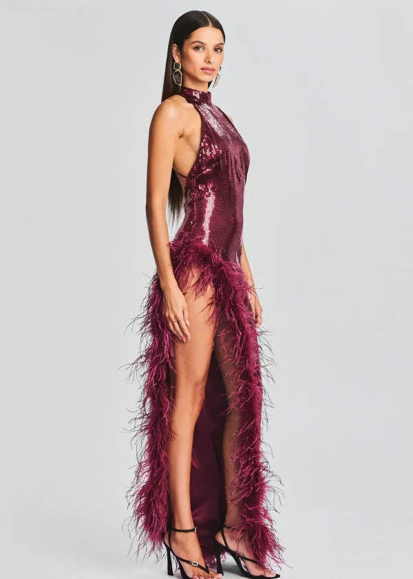Dresses*Retrofete Vixen Sequin Feather Dress Cabernet