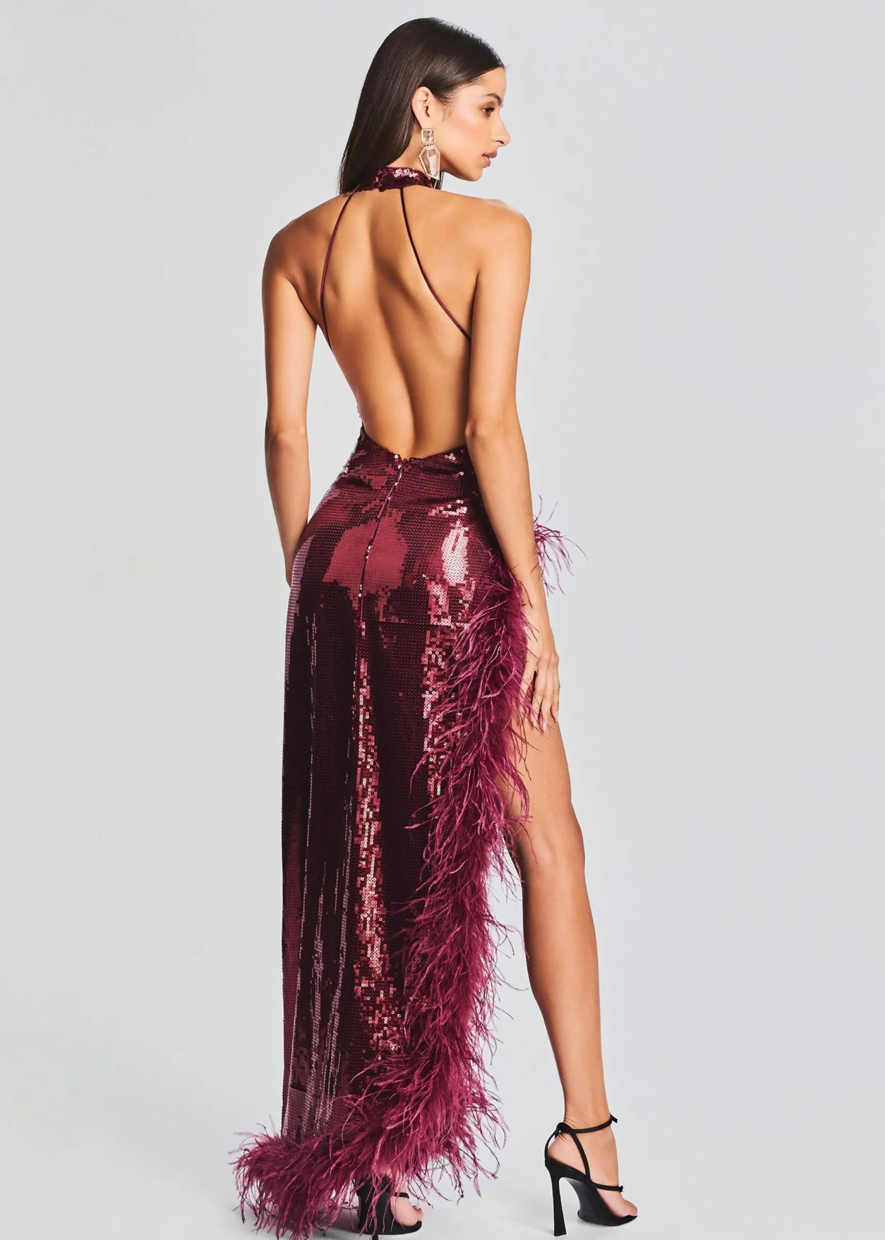 vixen_sequin_feather_dres_3.webp Guest Of*Retrofete Vixen Sequin Feather Dress Cabernet