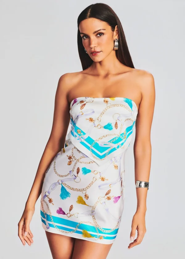 Dresses*Retrofete Wonda Strapless Silk Scarf Dress White Bandana Print